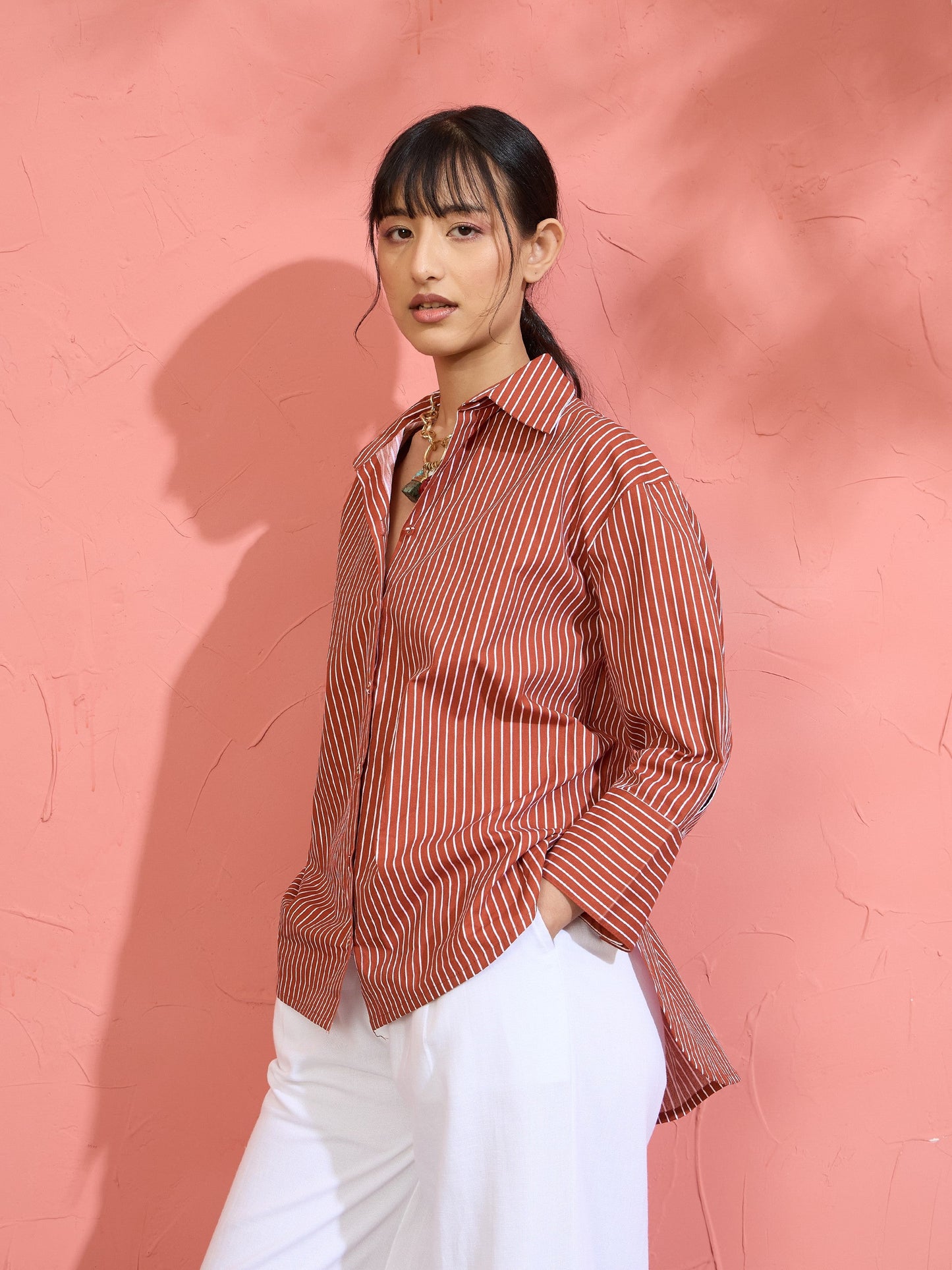 Women Brown Pin Stripe High-Low Oversized Shirt