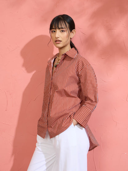 Women Brown Pin Stripe High-Low Oversized Shirt