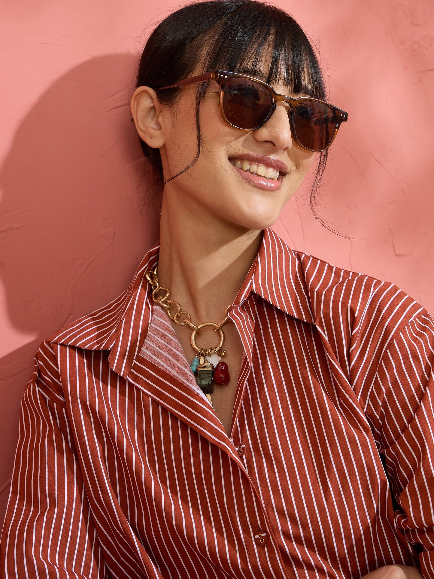 Women Brown Pin Stripe High-Low Oversized Shirt