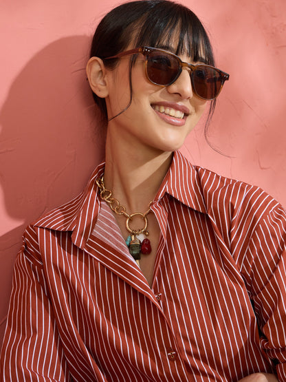 Women Brown Pin Stripe High-Low Oversized Shirt