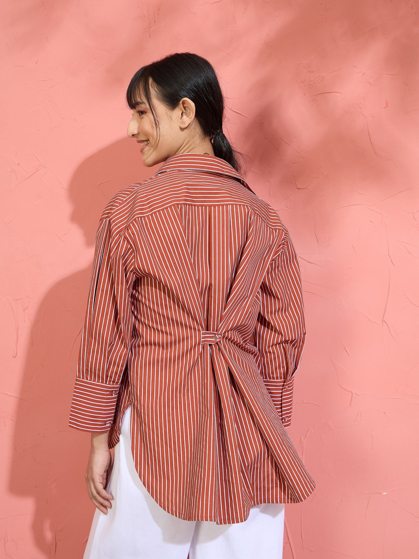 Women Brown Pin Stripe High-Low Oversized Shirt