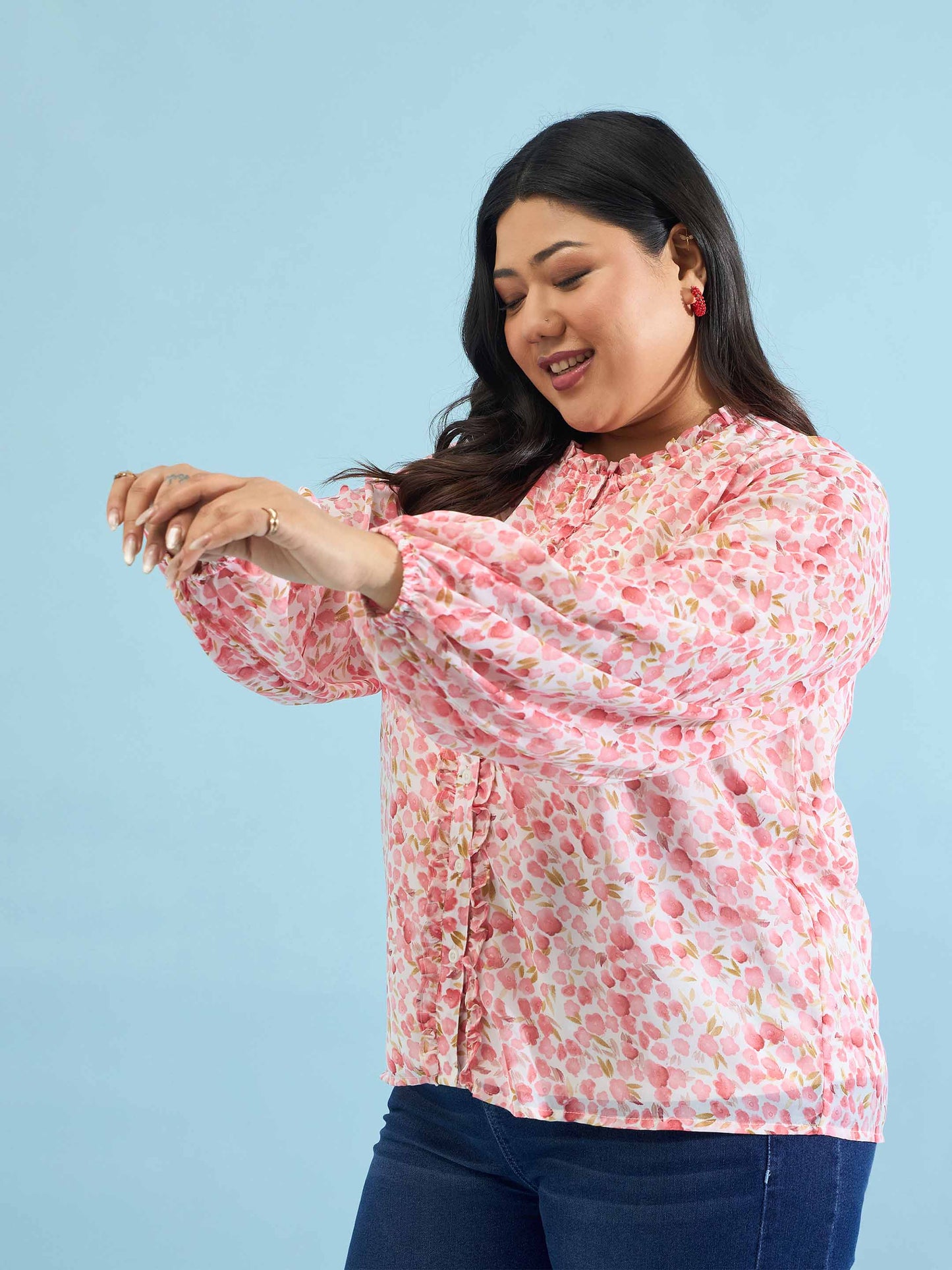 Pink Floral Ruffle Neck Regular Shirt