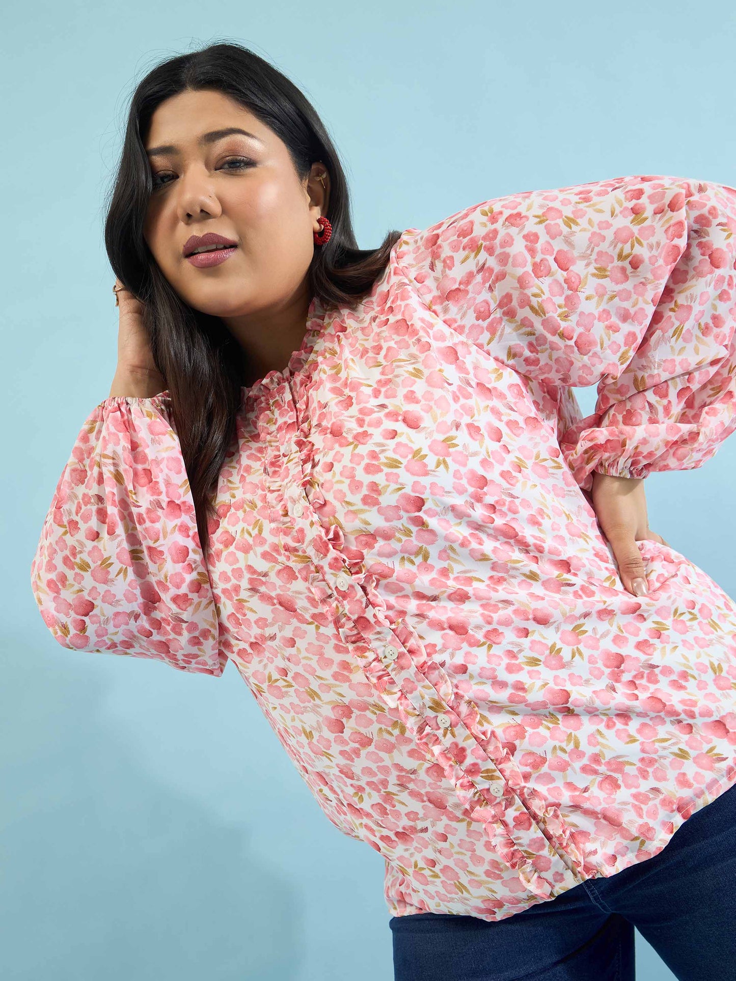 Pink Floral Ruffle Neck Regular Shirt
