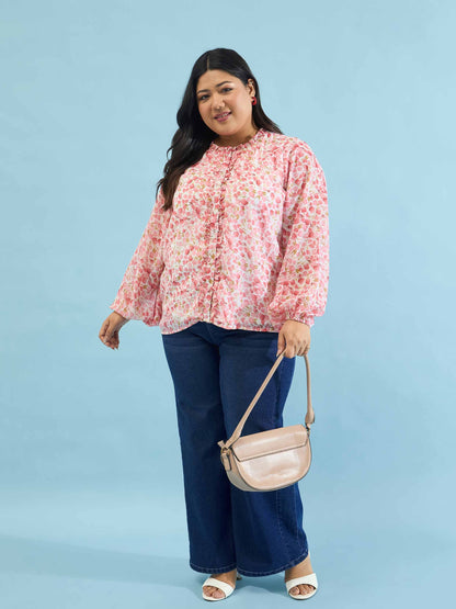 Pink Floral Ruffle Neck Regular Shirt