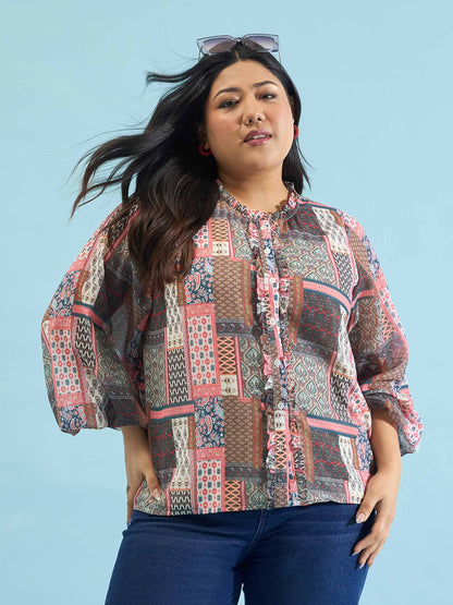Brown Scarf Print Ruffle Neck Regular Shirt