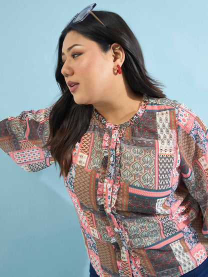 Brown Scarf Print Ruffle Neck Regular Shirt