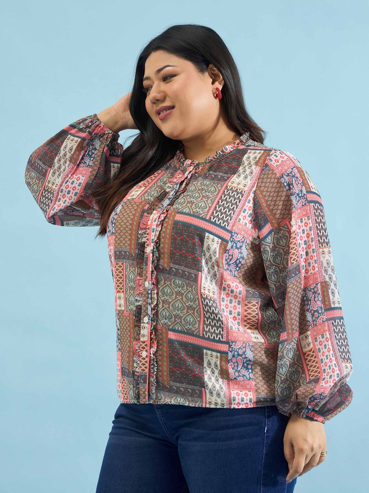 Brown Scarf Print Ruffle Neck Regular Shirt