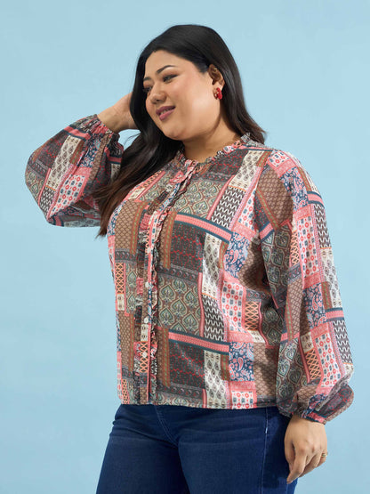 Brown Scarf Print Ruffle Neck Regular Shirt