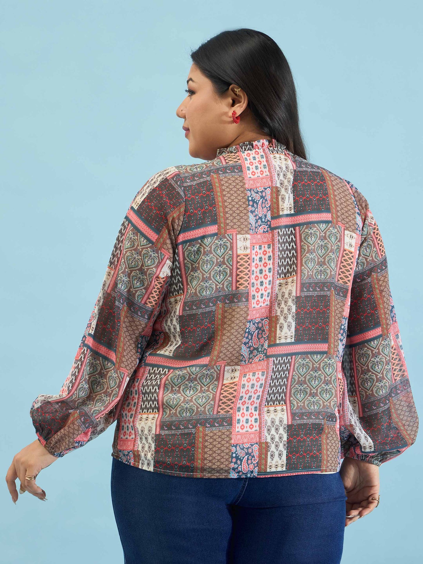 Brown Scarf Print Ruffle Neck Regular Shirt