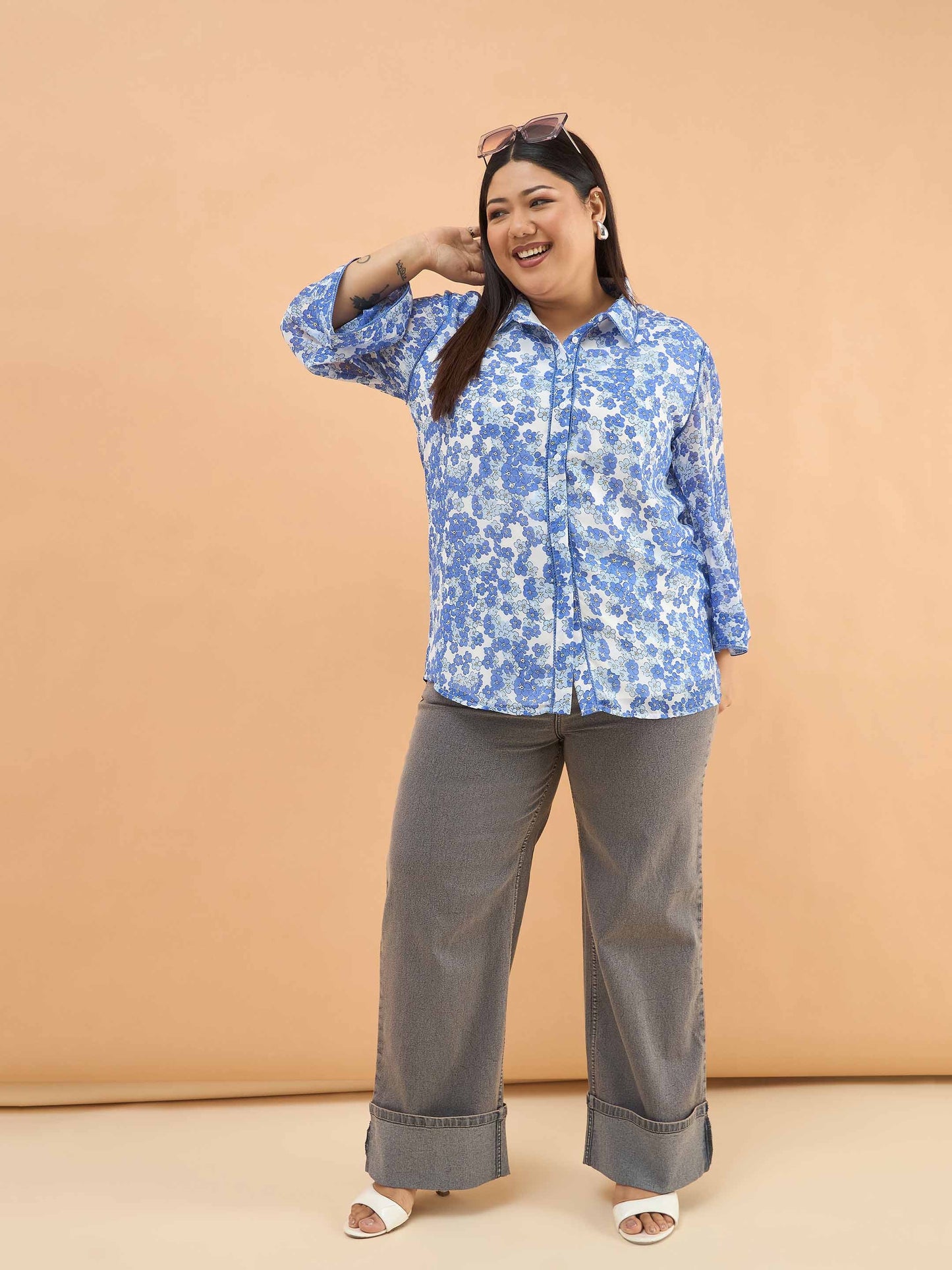 Blue Floral Flared Sleeves Regular Shirt