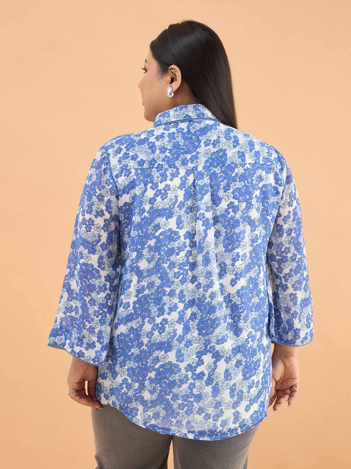 Blue Floral Flared Sleeves Regular Shirt