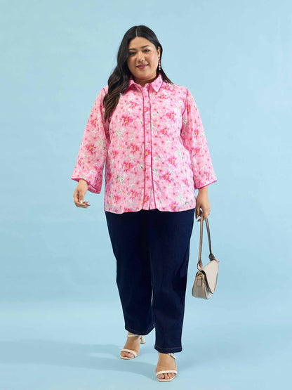 Pink Floral Flared Sleeves Regular Shirt