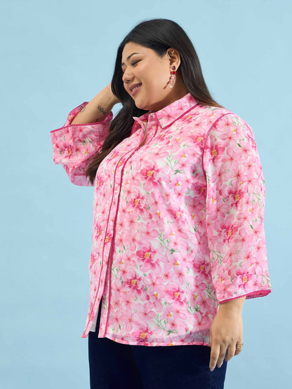 Pink Floral Flared Sleeves Regular Shirt