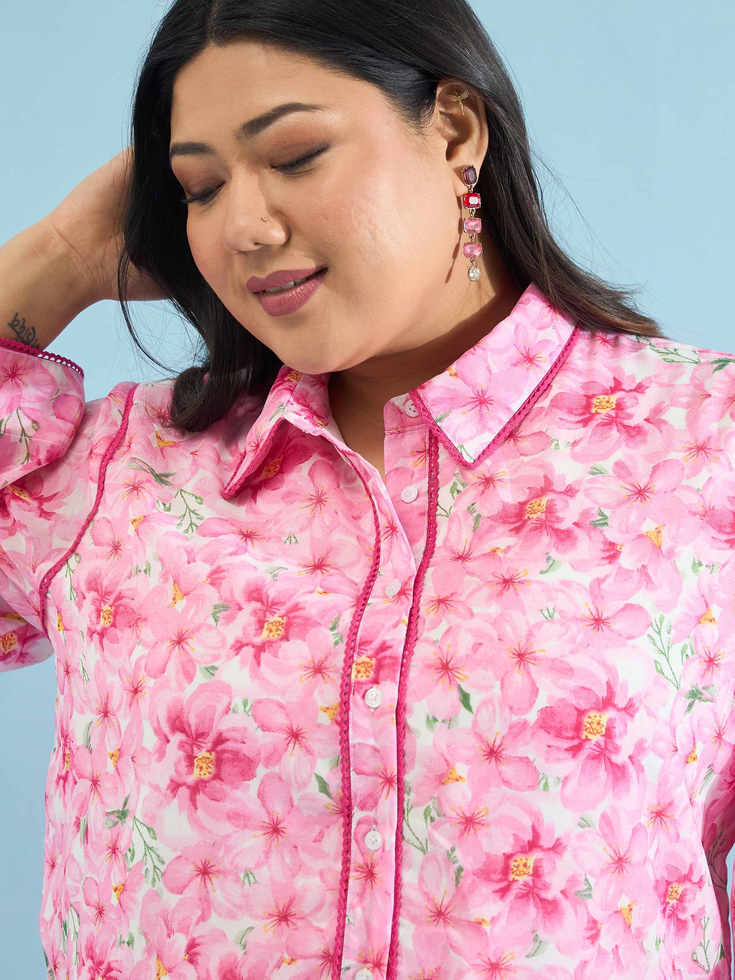 Pink Floral Flared Sleeves Regular Shirt