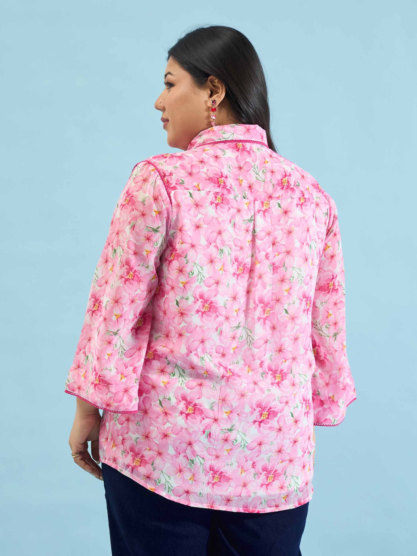 Pink Floral Flared Sleeves Regular Shirt