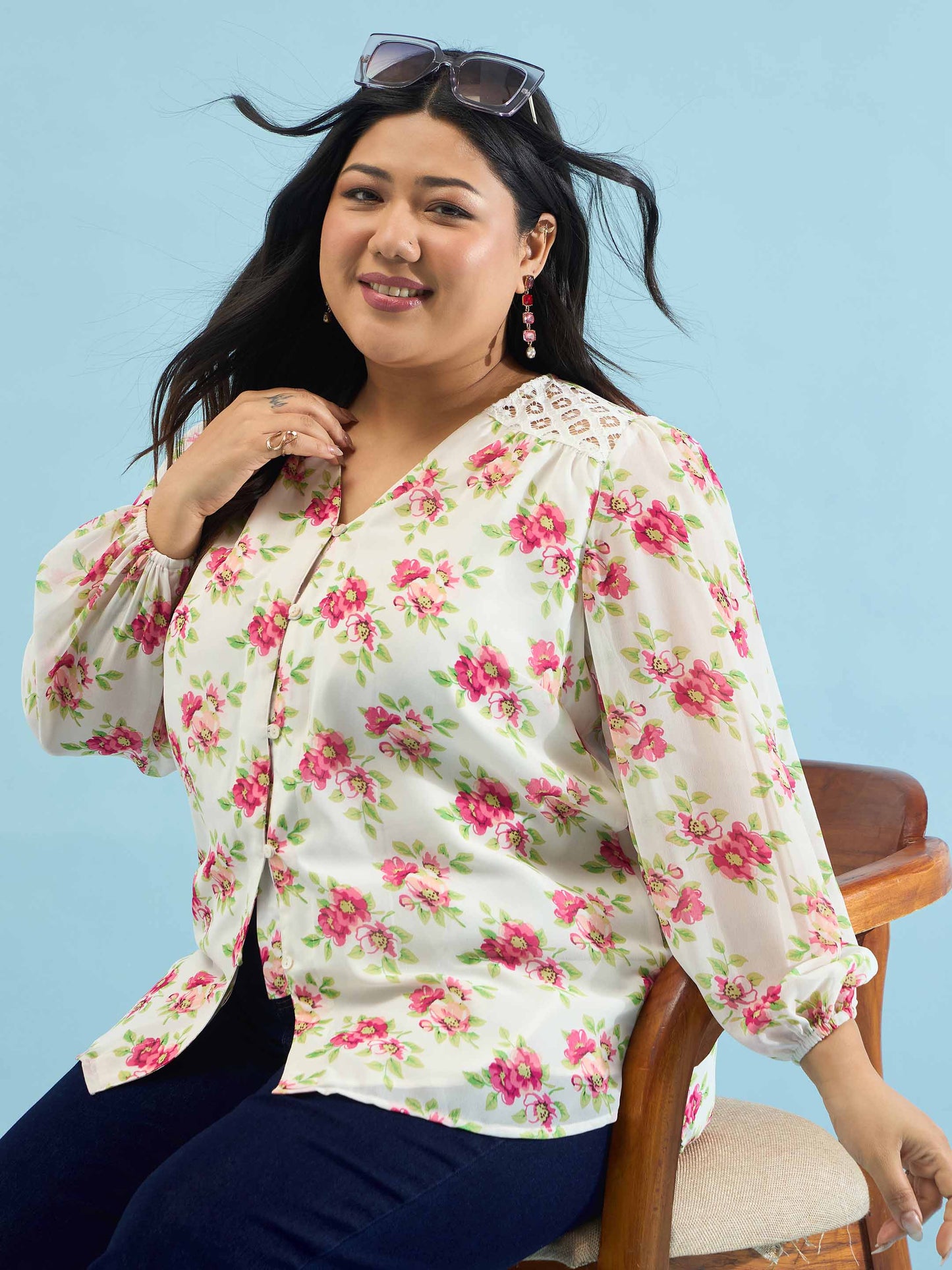 White & Pink Floral V Neck Button Down Shirt