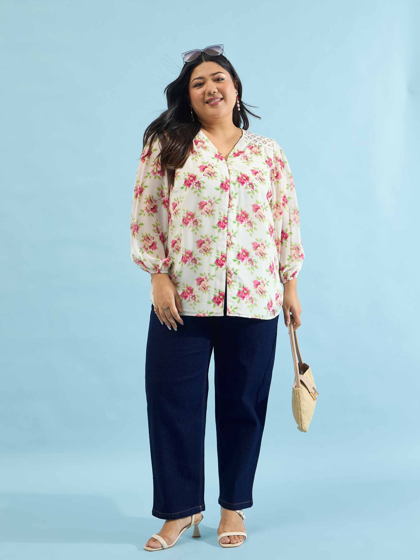 White & Pink Floral V Neck Button Down Shirt