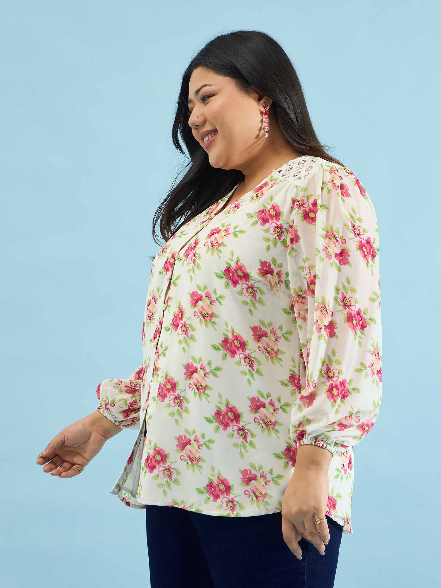 White & Pink Floral V Neck Button Down Shirt