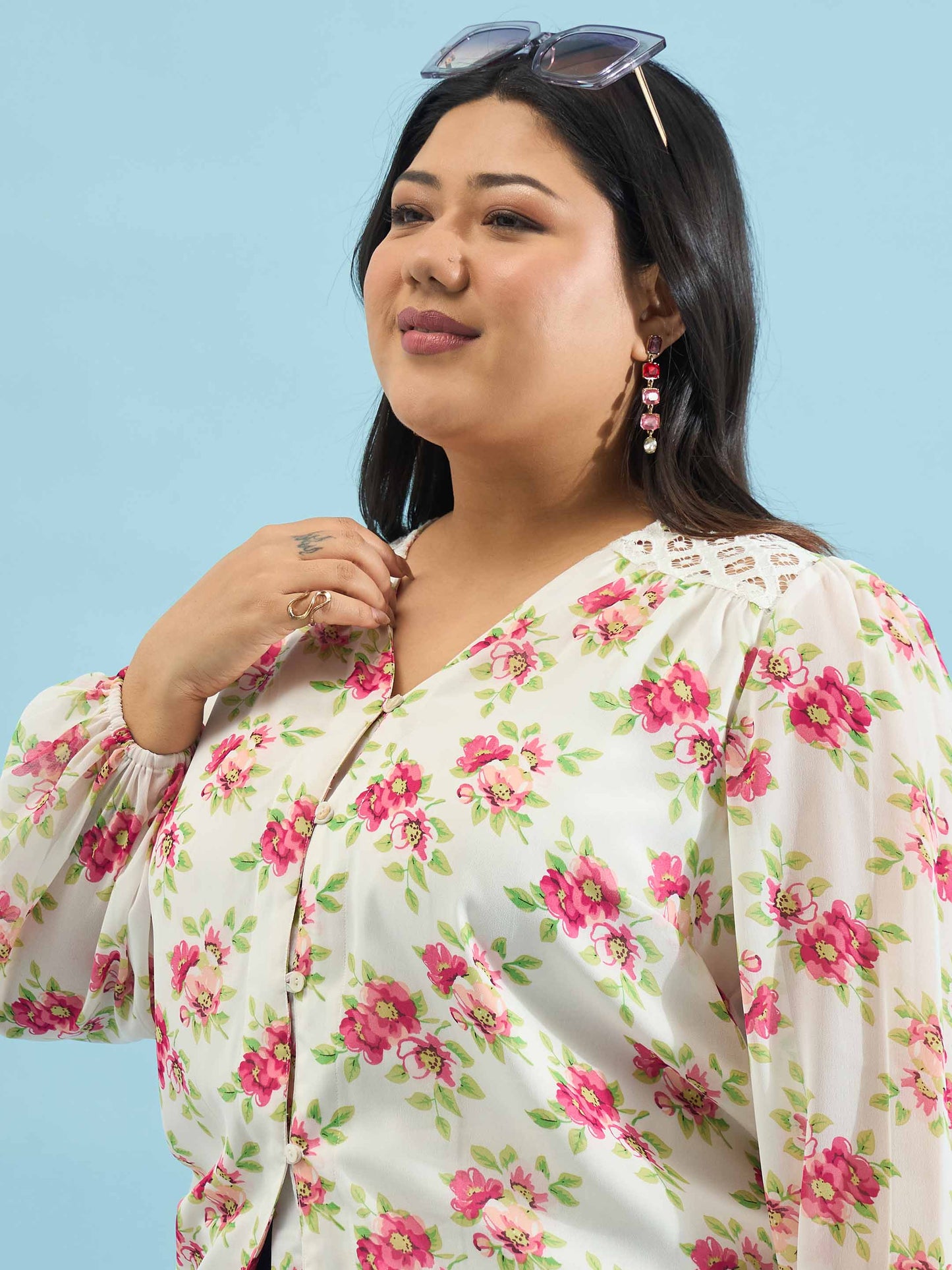 White & Pink Floral V Neck Button Down Shirt