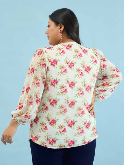 White & Pink Floral V Neck Button Down Shirt