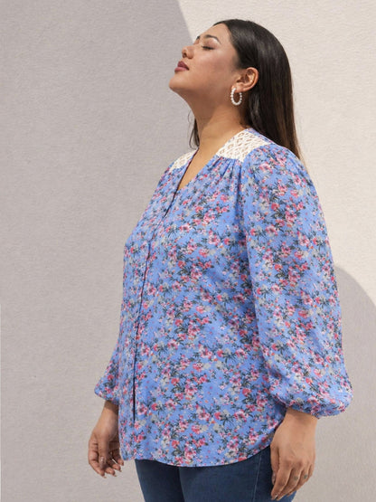Blue & Pink Floral V Neck Button Down Shirt