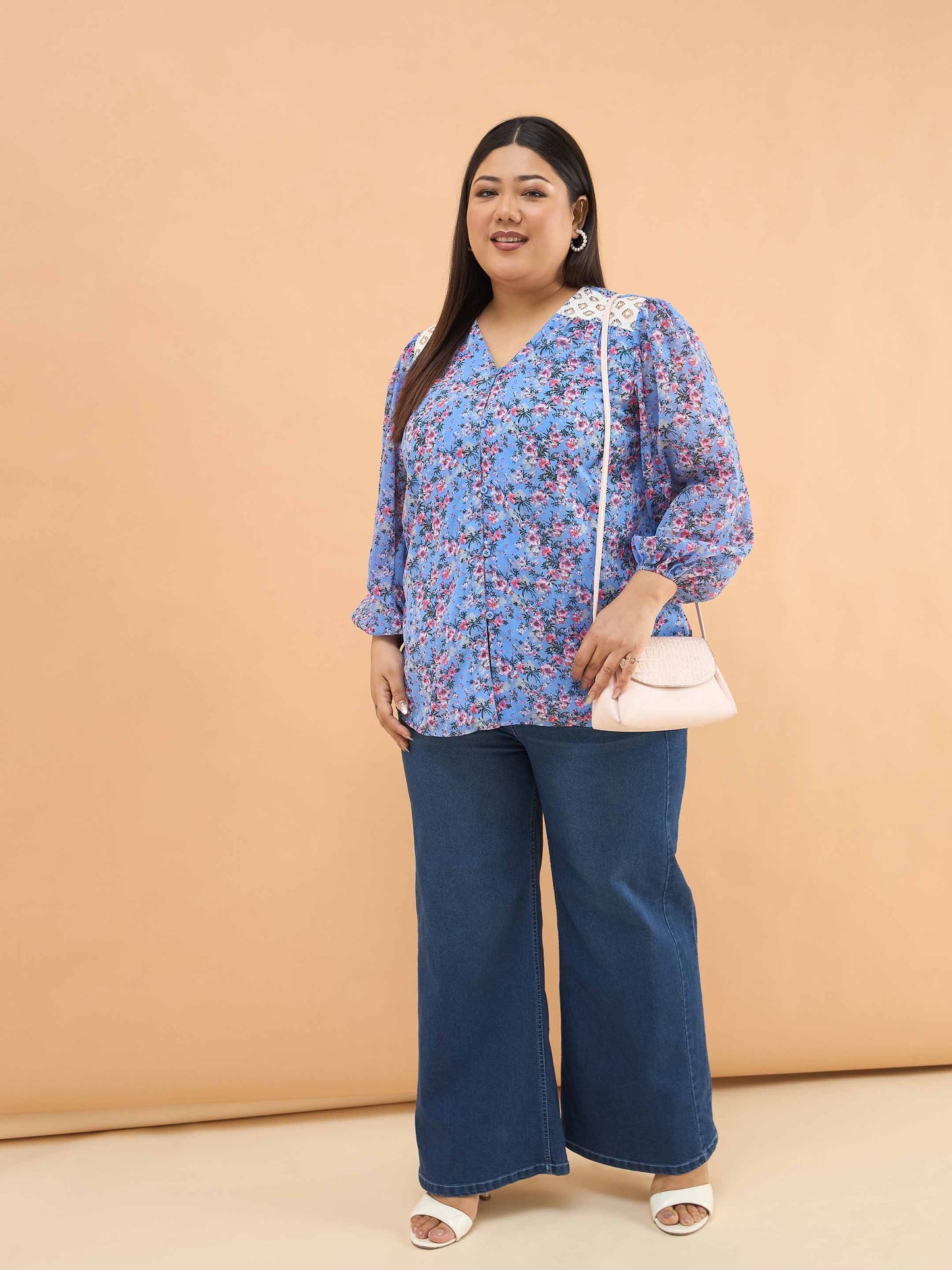 Blue & Pink Floral V Neck Button Down Shirt