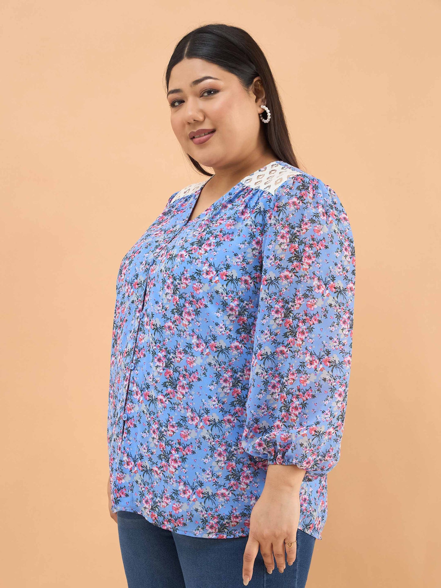 Blue & Pink Floral V Neck Button Down Shirt