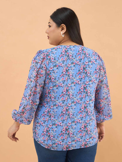 Blue & Pink Floral V Neck Button Down Shirt