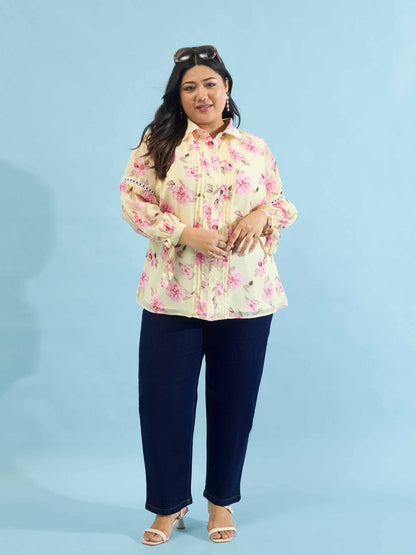 Yellow Floral Front Pin Tuck Tie Knot Shirt