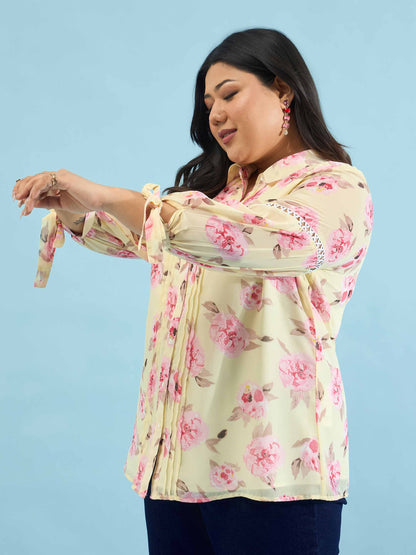 Yellow Floral Front Pin Tuck Tie Knot Shirt