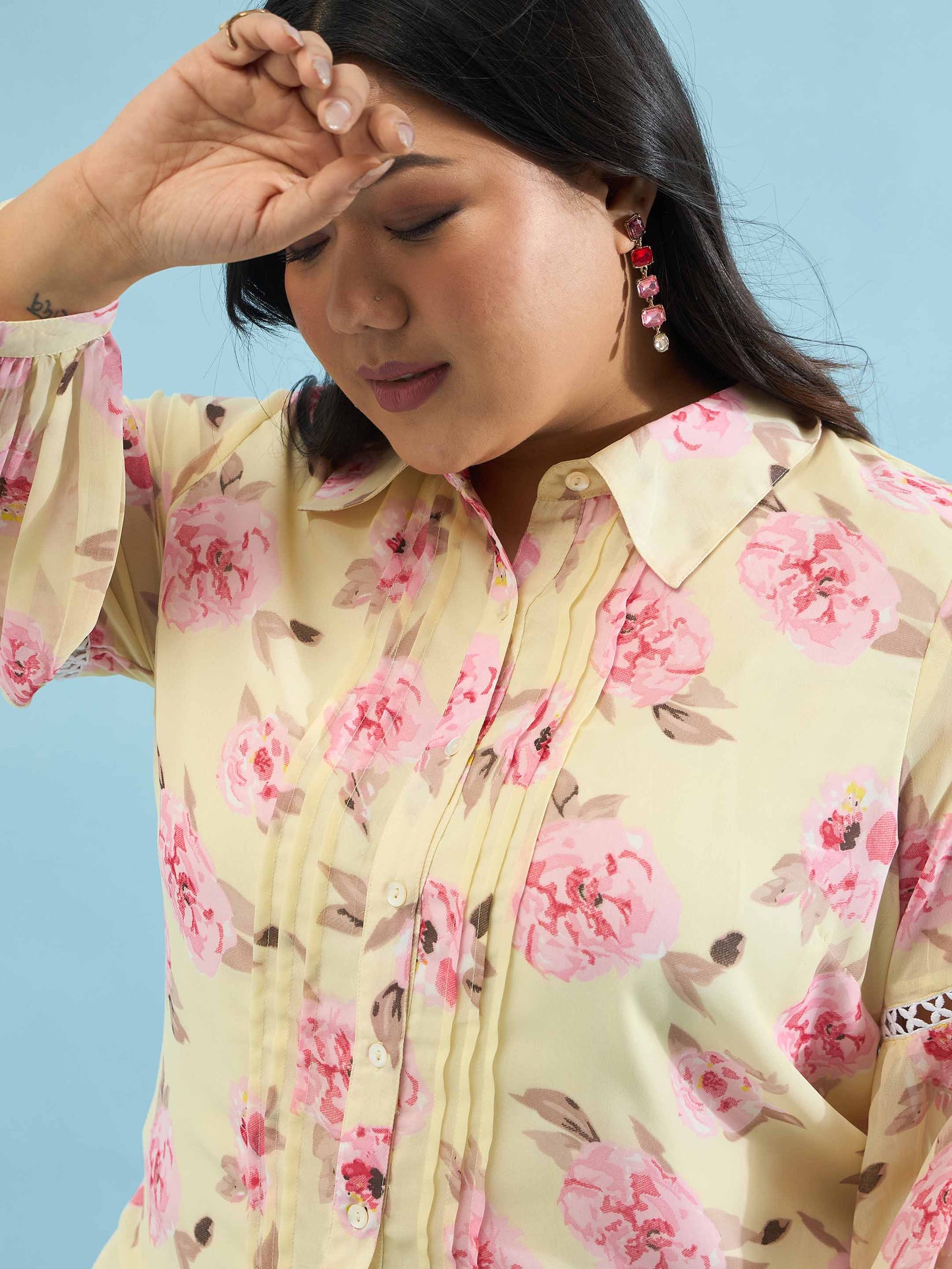 Yellow Floral Front Pin Tuck Tie Knot Shirt