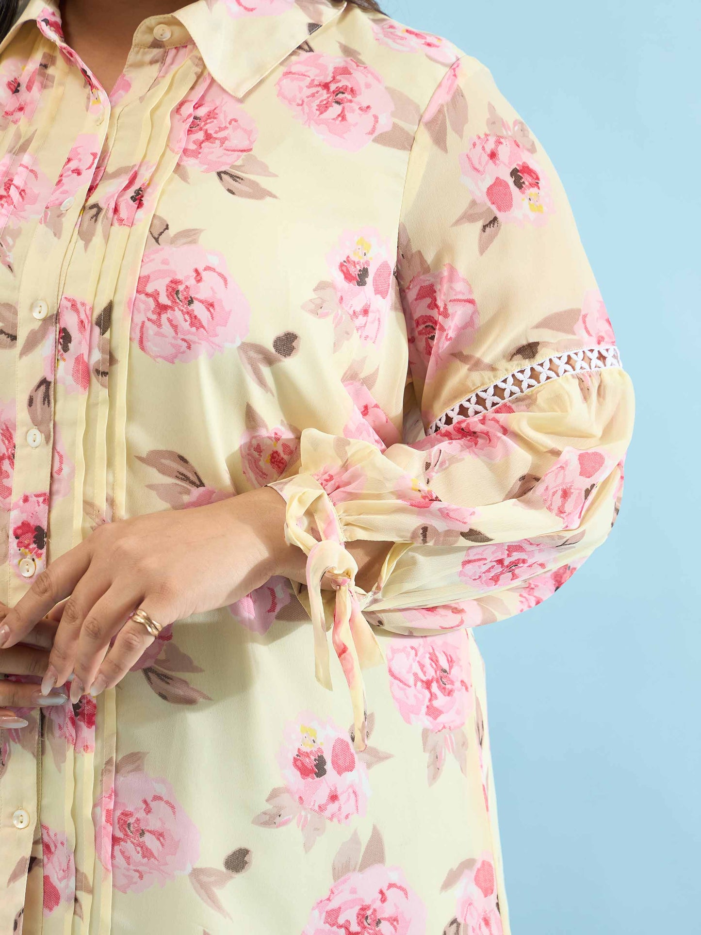 Yellow Floral Front Pin Tuck Tie Knot Shirt