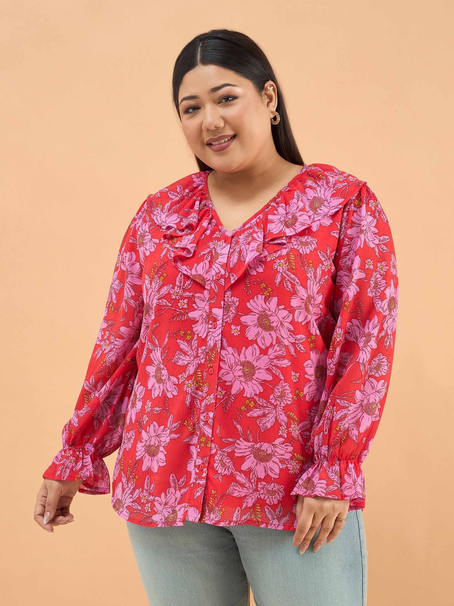 Red Floral Frill Neck Regular Shirt