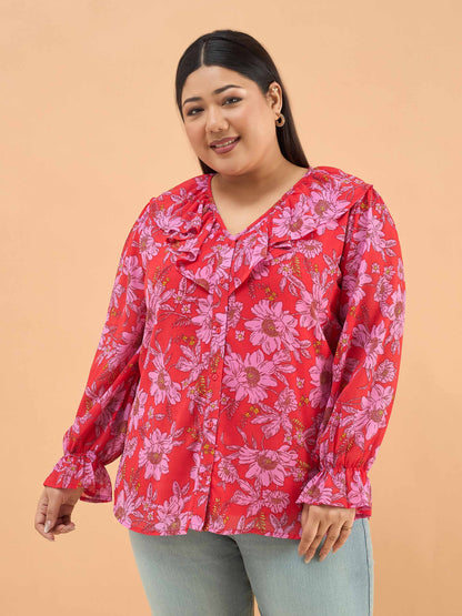 Red Floral Frill Neck Regular Shirt