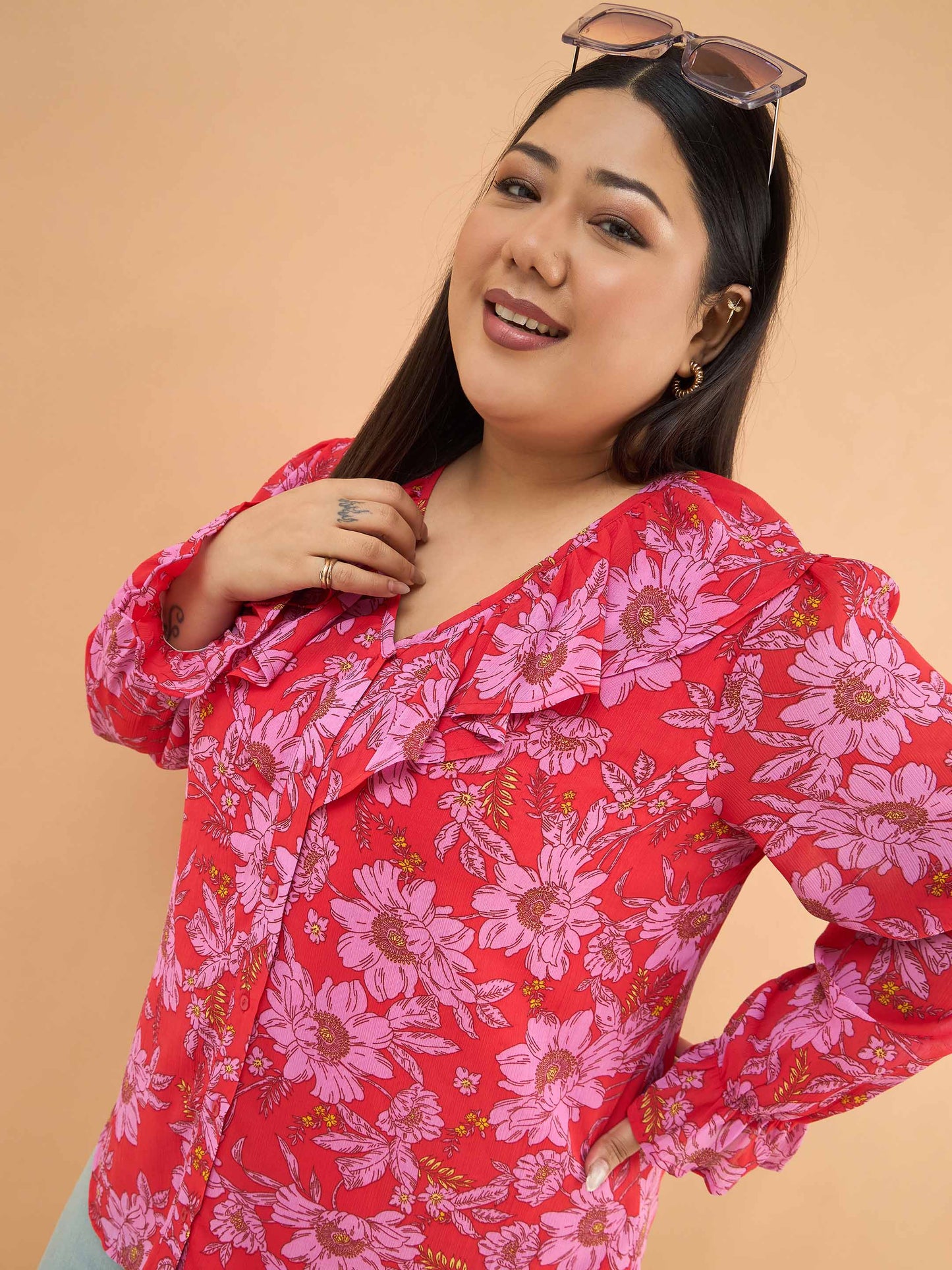 Red Floral Frill Neck Regular Shirt