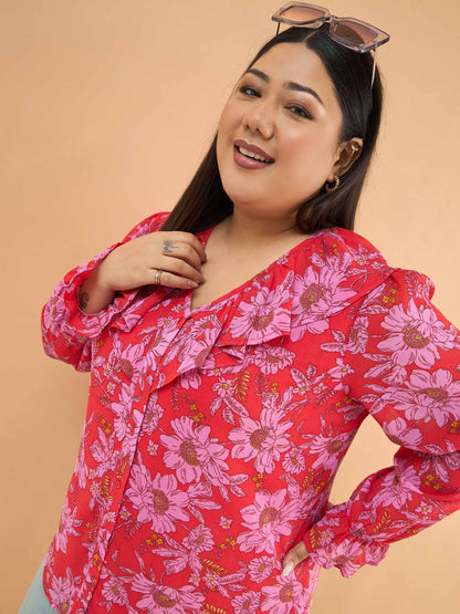 Red Floral Frill Neck Regular Shirt
