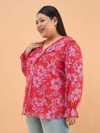 Red Floral Frill Neck Regular Shirt