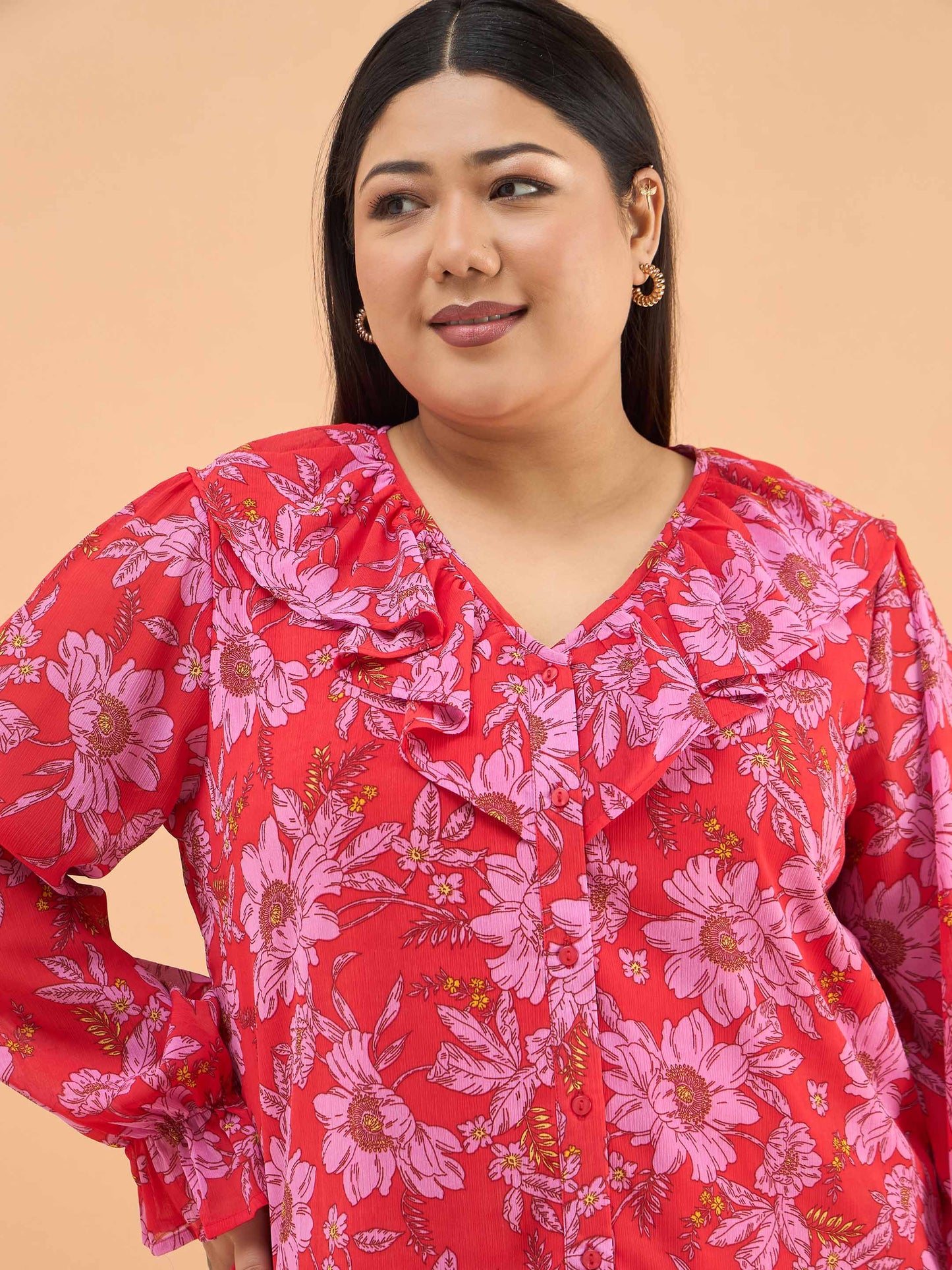 Red Floral Frill Neck Regular Shirt