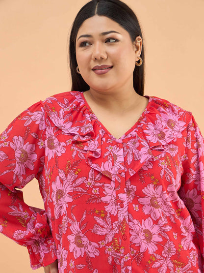 Red Floral Frill Neck Regular Shirt
