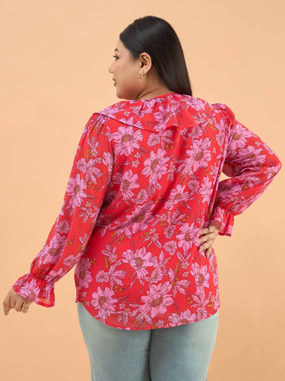 Red Floral Frill Neck Regular Shirt