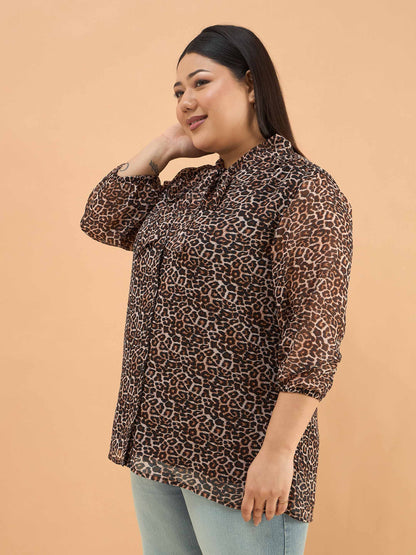 Black Animal Print Neck Tie-Up Regular Shirt