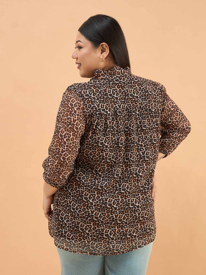 Black Animal Print Neck Tie-Up Regular Shirt