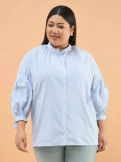 Ice Blue Stripes Mandarin Collar Tie Knot Shirt
