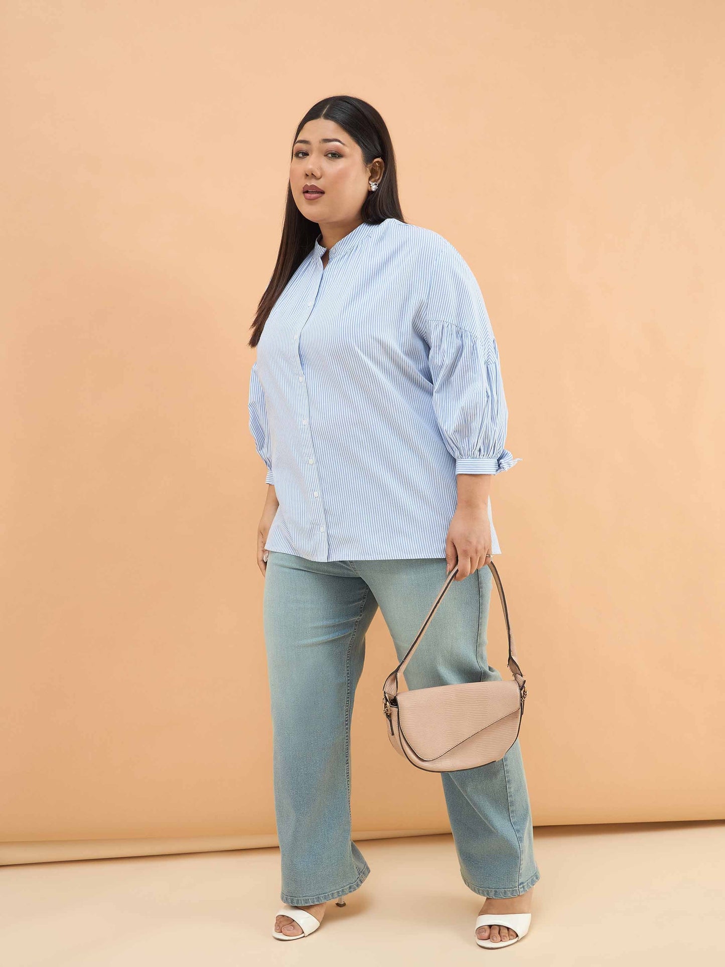 Ice Blue Stripes Mandarin Collar Tie Knot Shirt