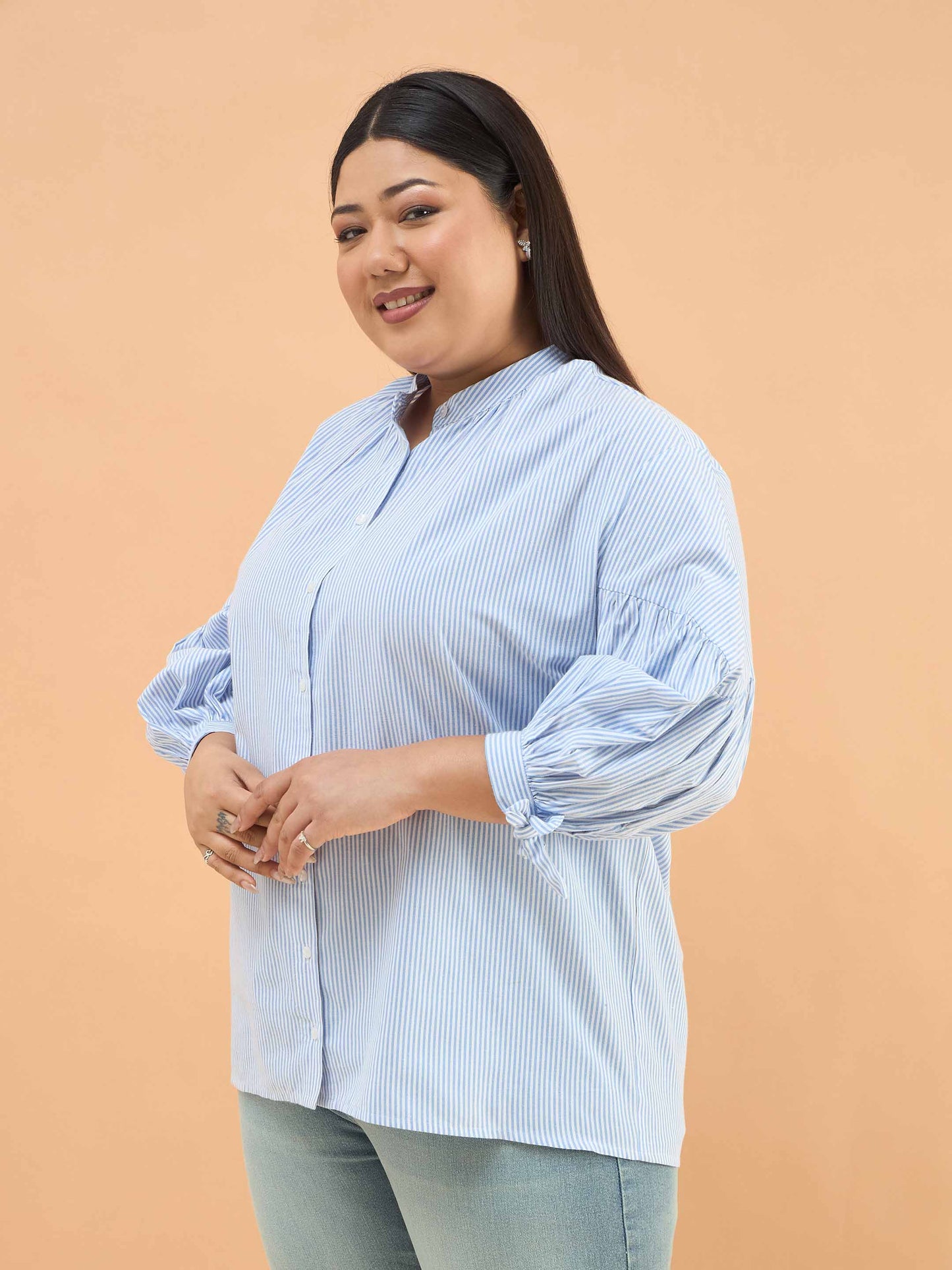 Ice Blue Stripes Mandarin Collar Tie Knot Shirt