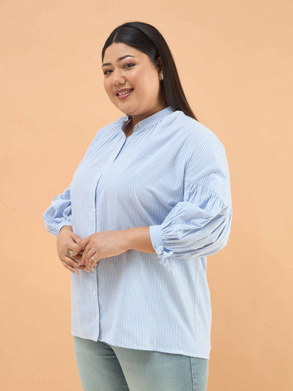 Ice Blue Stripes Mandarin Collar Tie Knot Shirt