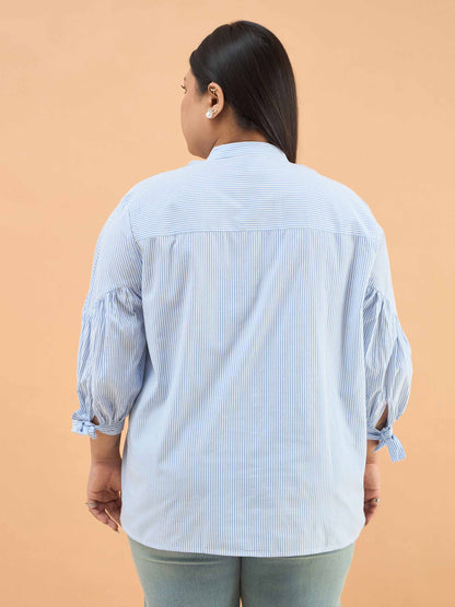 Ice Blue Stripes Mandarin Collar Tie Knot Shirt