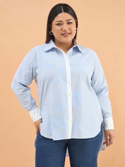 Ice Blue Stripes High-Low Shirt