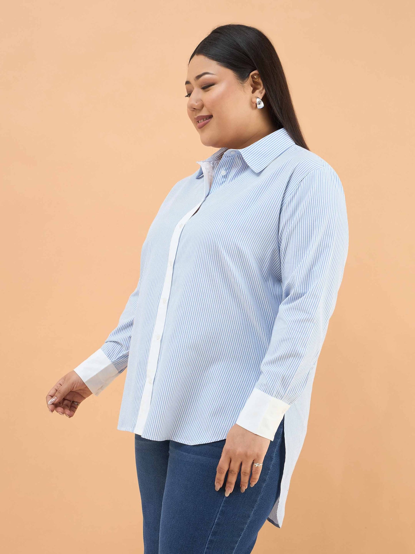 Ice Blue Stripes High-Low Shirt