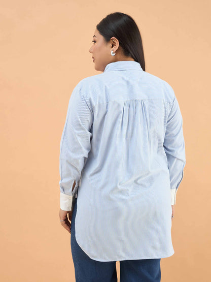 Ice Blue Stripes High-Low Shirt